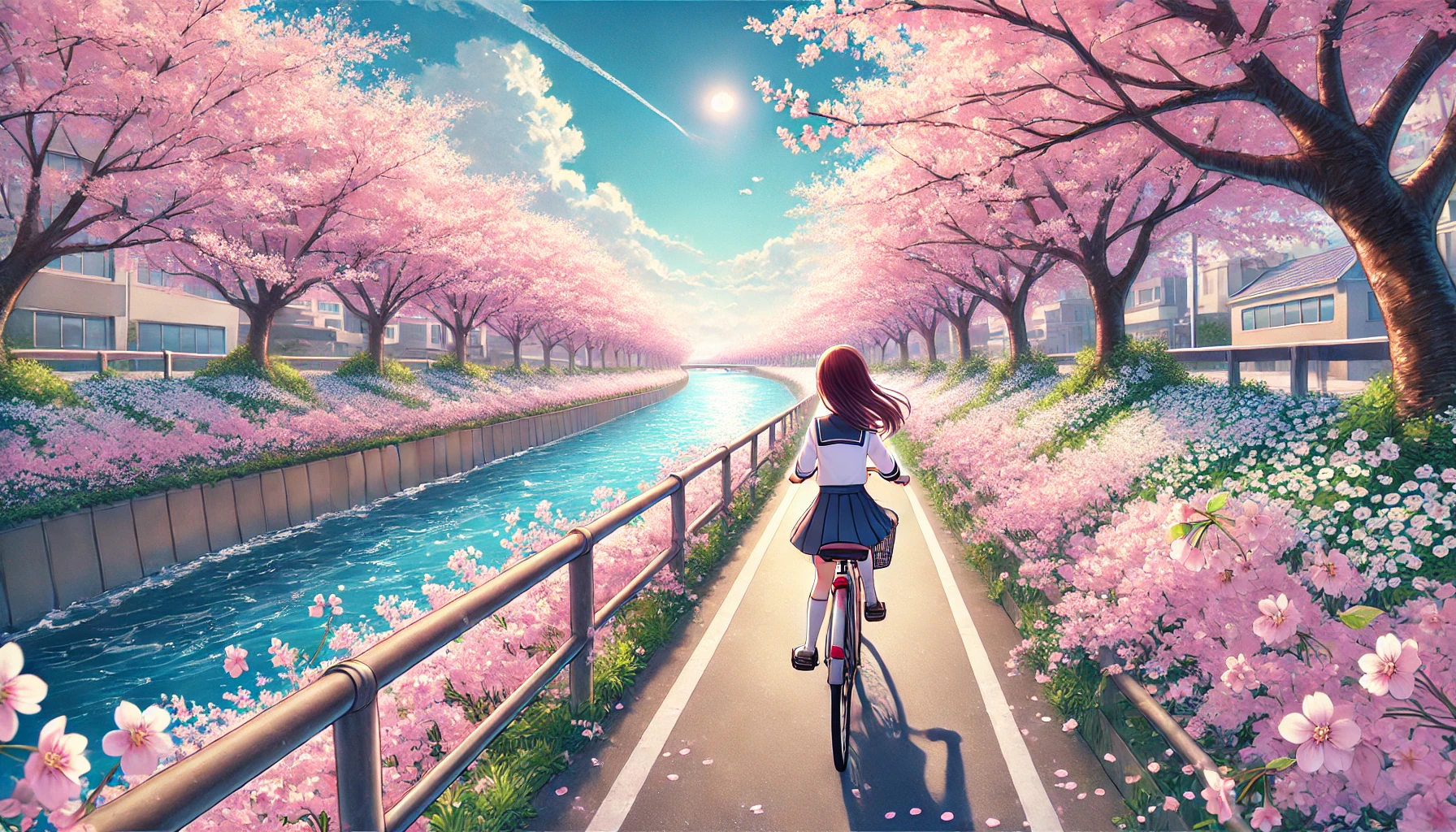 桜道を自転車で走り去っていく女の子